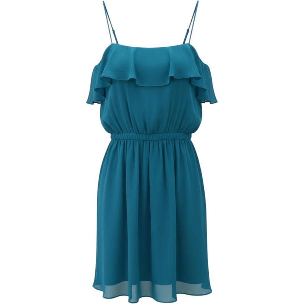 Vtg Cache Ruffle Chiffon Dress 10 Teal Cocktail Wedding Guest